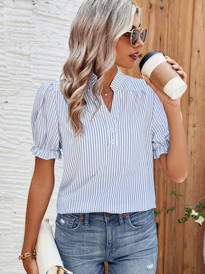 Nyxaria | Blouse femme rayée élégante avec manches bouffantes et col en V pour un look élégant, décontracté et chic