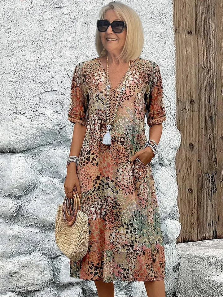 Sita | Élégante robe de chambre midi à fleurs avec décolleté en V - La robe de chambre féminine parfaite pour le printemps et l'été, offrant un confort inégalé.
