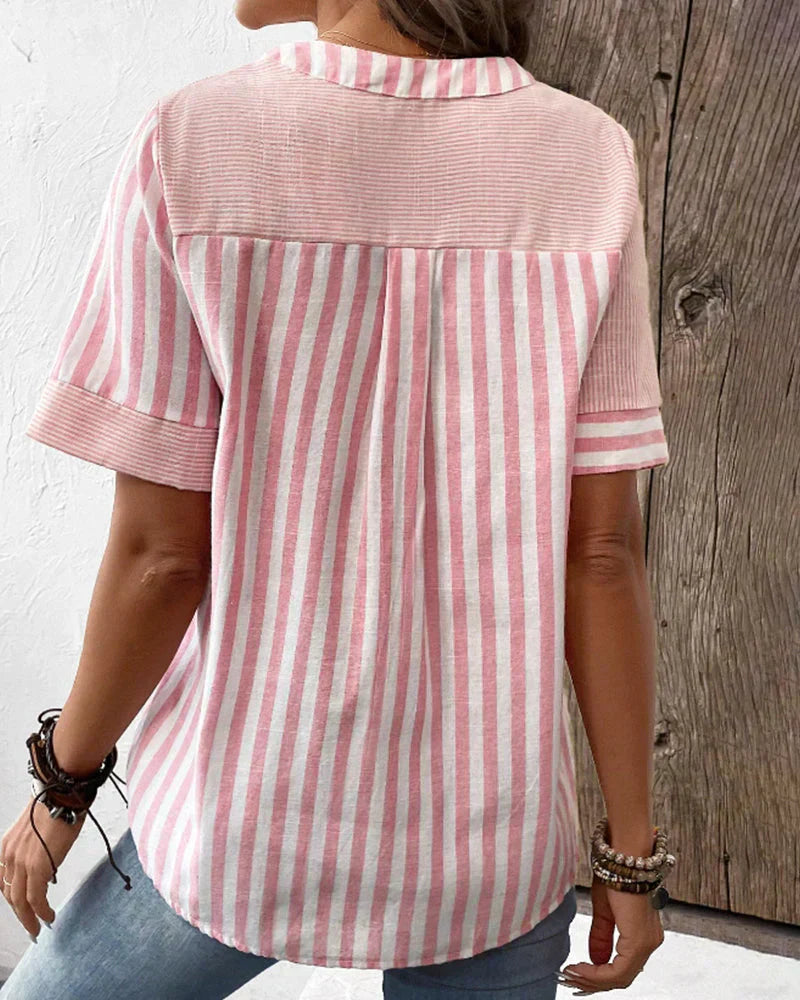 Kresimira | Top patchwork rayé stylé avec manches courtes - Chemisier décontracté pour femmes