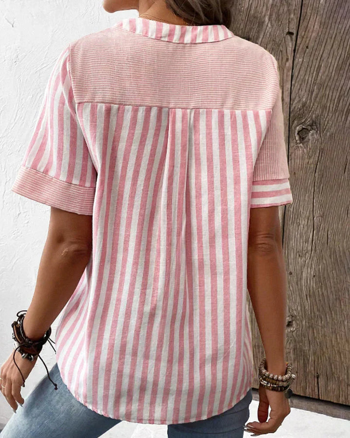 Kresimira | Top patchwork rayé stylé avec manches courtes - Chemisier décontracté pour femmes