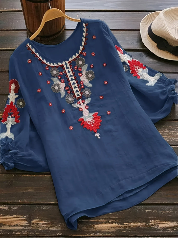 Slavenka Embroidered Floral Blouse - Plus Size, Stylish Casual Short Sleeve Top