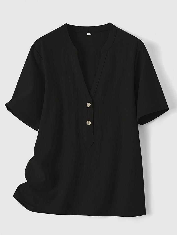 Blouse Femme Élégante Mattea à Encolure en V, Manches Courtes et Détail de Boutonnière Chic