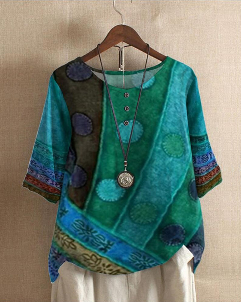 Myla - Blusa de estilo bohemio retro con estampado llamativo
