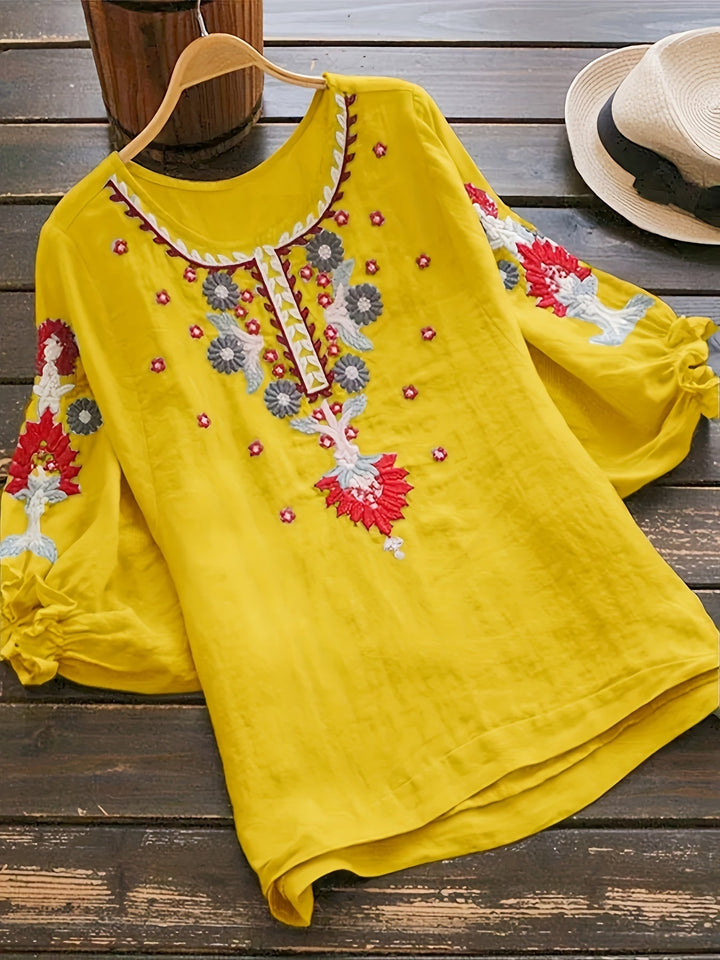 Slavenka Embroidered Floral Blouse - Plus Size, Stylish Casual Short Sleeve Top