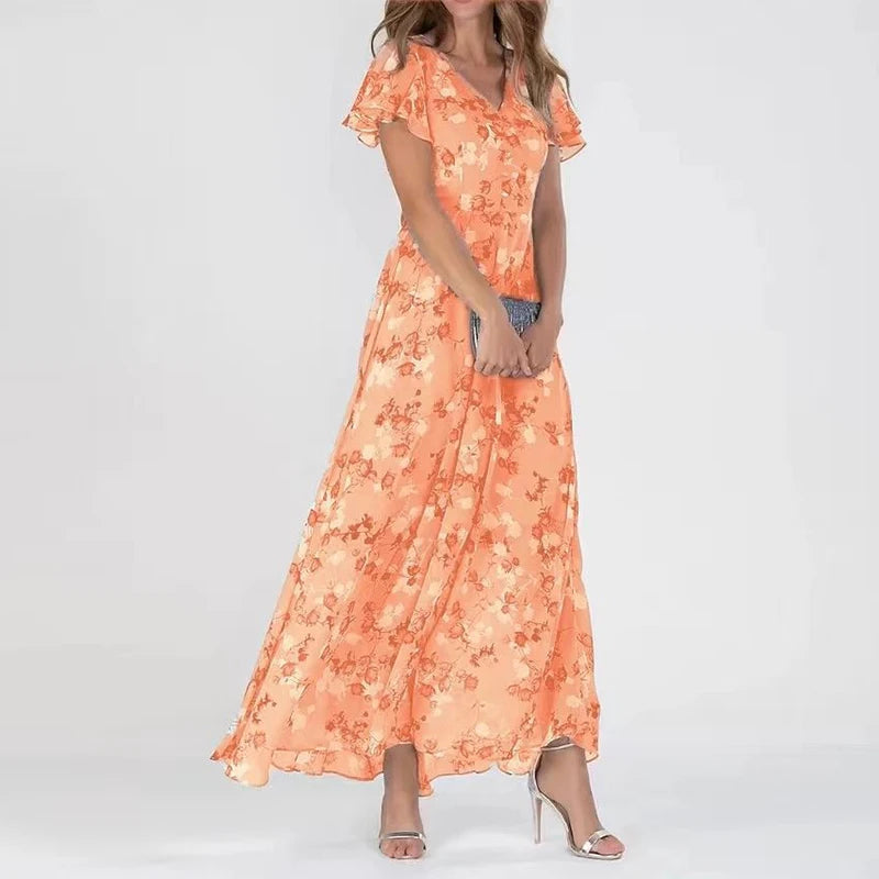 Euthalia | Robe maxi florale luxueuse avec des tissus fluides et un élégant col en V pour femmes.