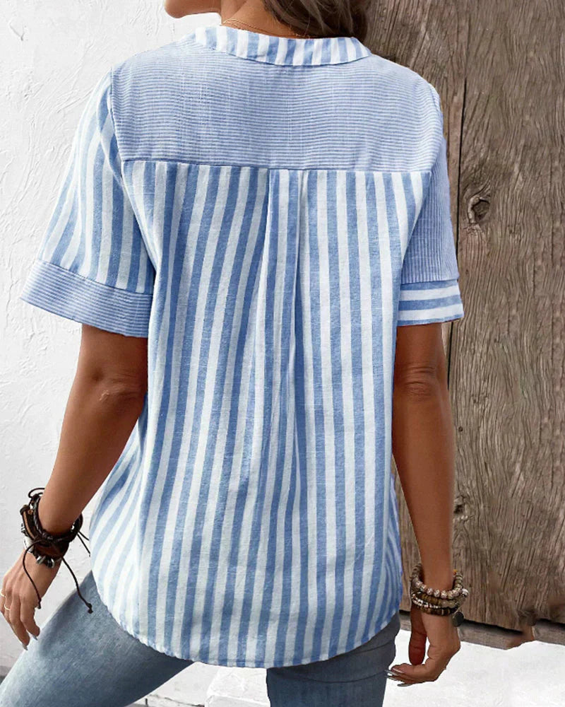 Kresimira | Top patchwork rayé stylé avec manches courtes - Chemisier décontracté pour femmes