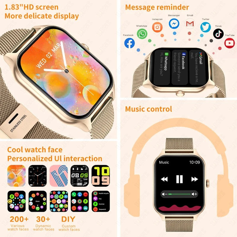 LuxeTime | Montre intelligente élégante pour femmes avec tracker d'activité, moniteur de fréquence cardiaque et design chic.