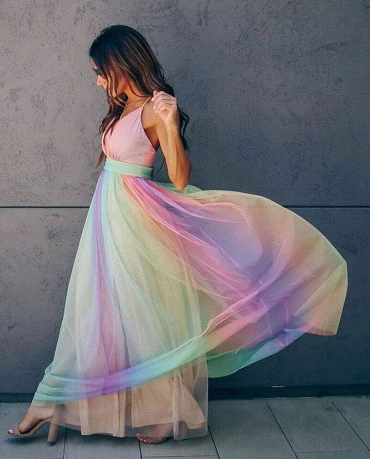 Jemima | Robe Maxi Élégante pour Femmes - Design Sans Manches avec Détail en Tulle Arc-en-Ciel pour un Look Chic