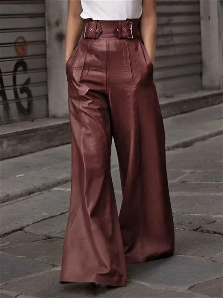 Élégant pantalon large à taille haute en similicuir - Eleanor