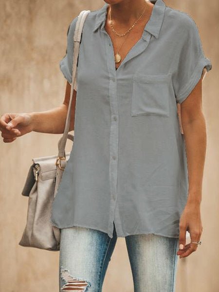 Esmée - Blouse élégante en coton avec lapel, manches courtes et poche pour un look chic et pratique
