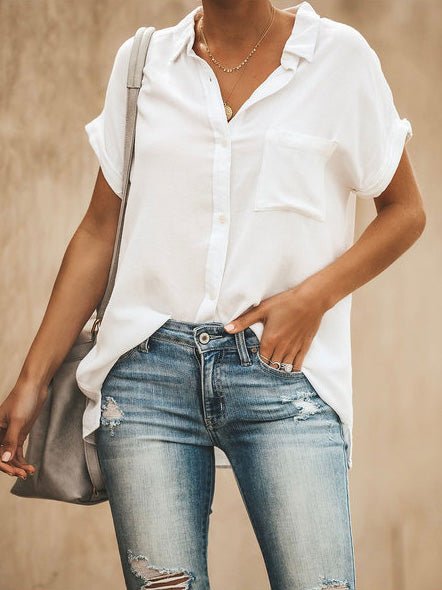 Esmée - Blouse élégante en coton avec lapel, manches courtes et poche pour un look chic et pratique